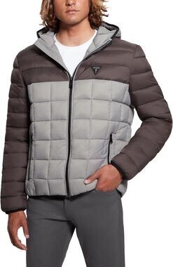 Mens Size Medium GUESS Jacob Quilted Jacket Pack Hooded Black Gray Colorblock